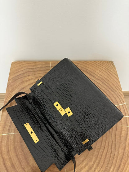 SAINT LAURENT MANHATTAN 29 TOP-HANDLE IN CROCODILE BLACK CALFSKIN