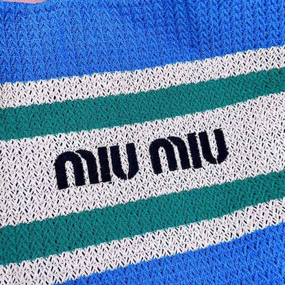MIU MIU TOTE BAG 40 IN STRIPED PATTERN OF BLUE GREEN AND CREAM WHITE WOVEN RAFFIA