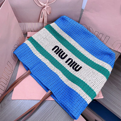 MIU MIU TOTE BAG 40 IN STRIPED PATTERN OF BLUE GREEN AND CREAM WHITE WOVEN RAFFIA