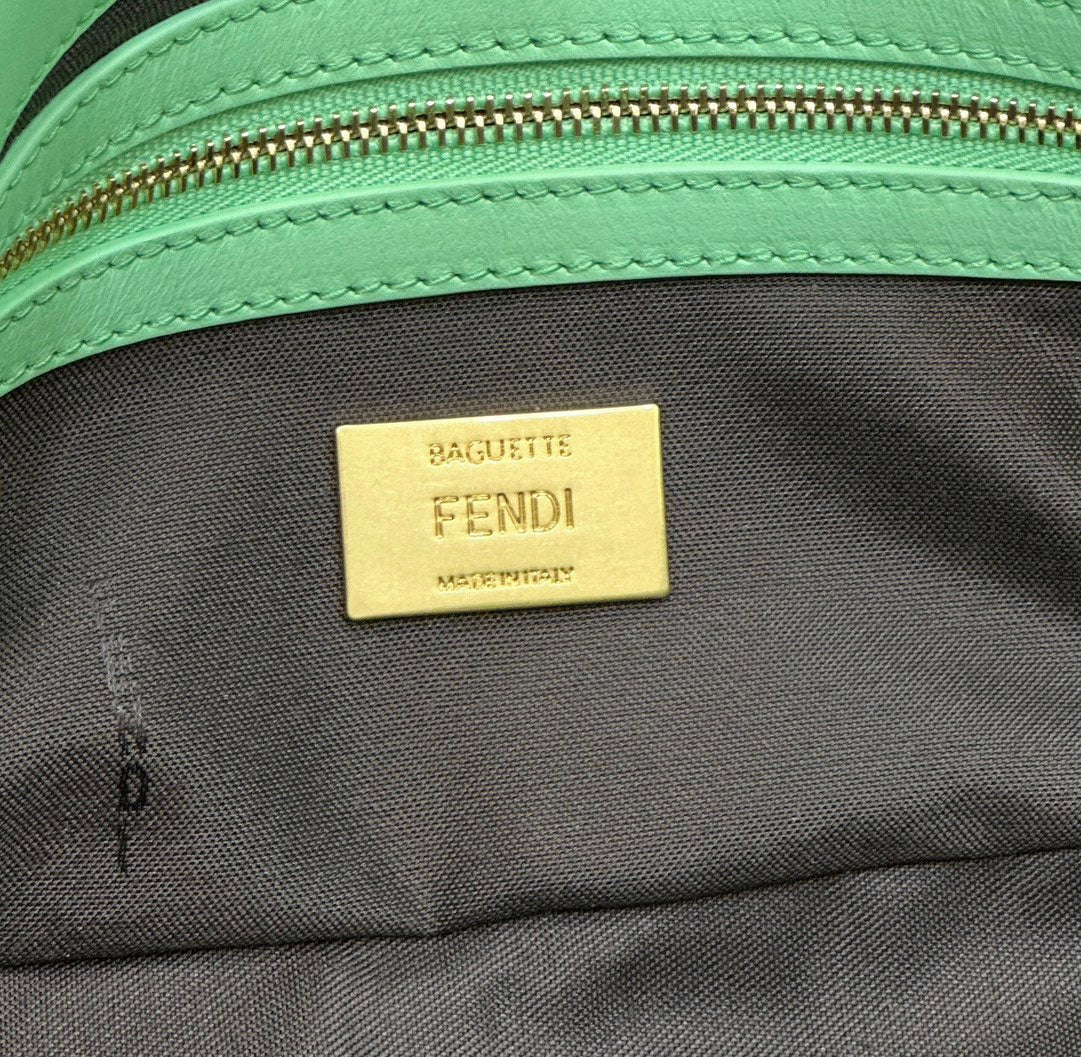 FENDI BAGUETTE WITH FF MOTIF 27 IN DE YORK GREEN SOFT LAMBSKIN GOLD HARDWARE
