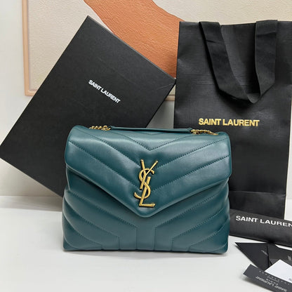 SAINT LAURENT LOULOU SMALL 25 IN DEEP JUNGLE GREEN LAMBSKIN GOLD HARDWARE