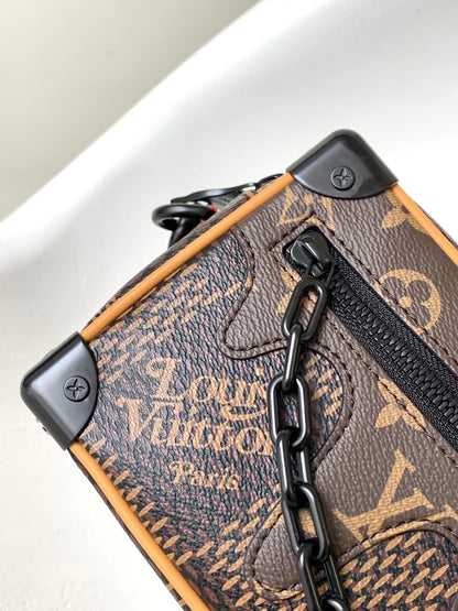 LOUIS VUITTON MINI SOFT TRUNK 18 IN BROWN DAMIER EBENE COATED CANVAS BLACK CHAIN