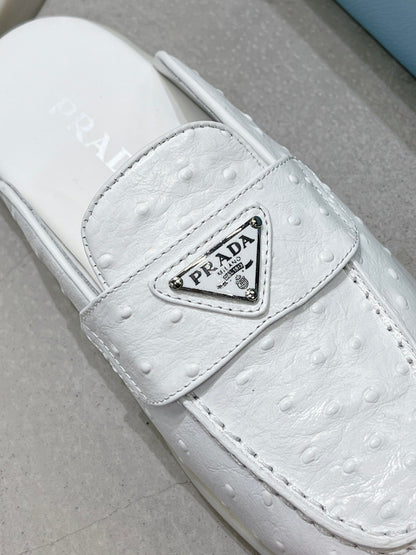 PRADA OSTRICH PATTERN MULES WHITE CALFSKIN