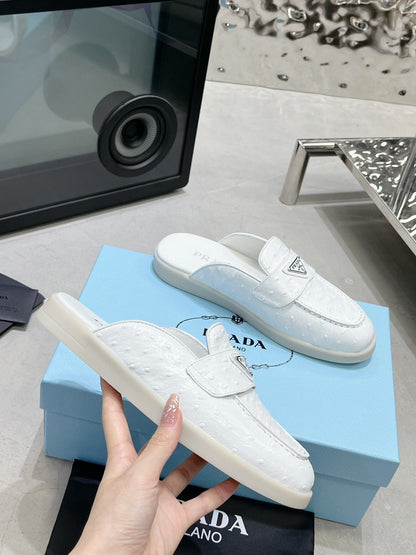 PRADA OSTRICH PATTERN MULES WHITE CALFSKIN
