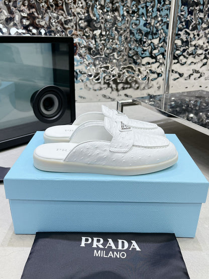 PRADA OSTRICH PATTERN MULES WHITE CALFSKIN