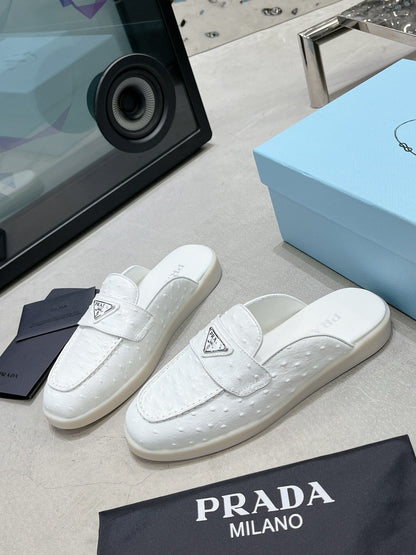 PRADA OSTRICH PATTERN MULES WHITE CALFSKIN