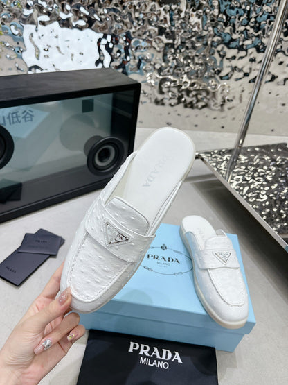 PRADA OSTRICH PATTERN MULES WHITE CALFSKIN