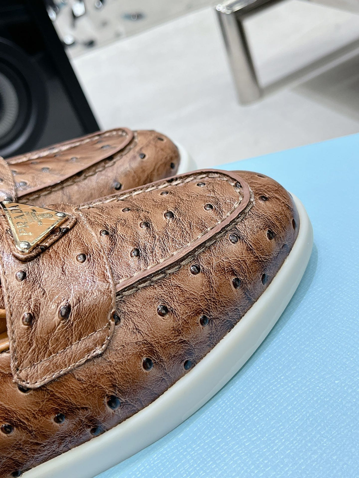 PRADA OSTRICH PATTERN MULES CARAMEL CALFSKIN