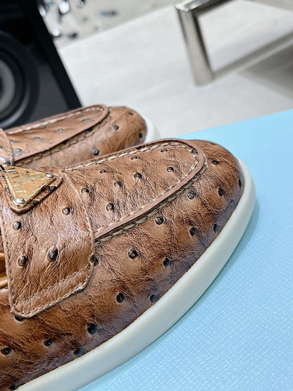 PRADA OSTRICH PATTERN MULES CARAMEL CALFSKIN