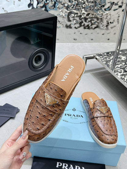 PRADA OSTRICH PATTERN MULES CARAMEL CALFSKIN
