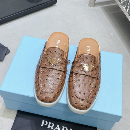PRADA OSTRICH PATTERN MULES CARAMEL CALFSKIN