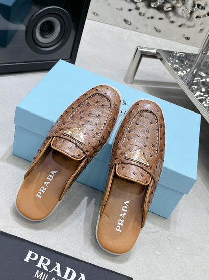 PRADA OSTRICH PATTERN MULES CARAMEL CALFSKIN