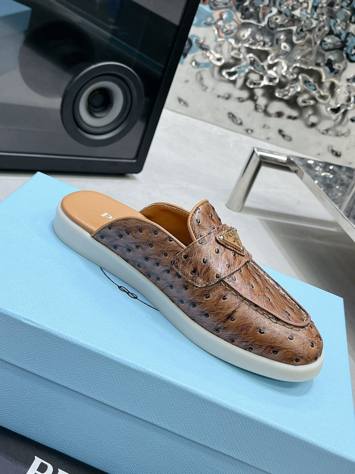 PRADA OSTRICH PATTERN MULES CARAMEL CALFSKIN