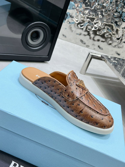PRADA OSTRICH PATTERN MULES CARAMEL CALFSKIN