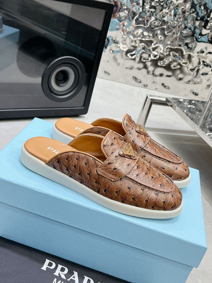 PRADA OSTRICH PATTERN MULES CARAMEL CALFSKIN