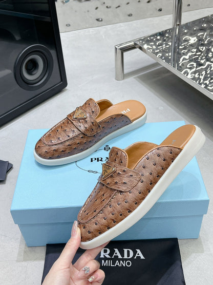 PRADA OSTRICH PATTERN MULES CARAMEL CALFSKIN