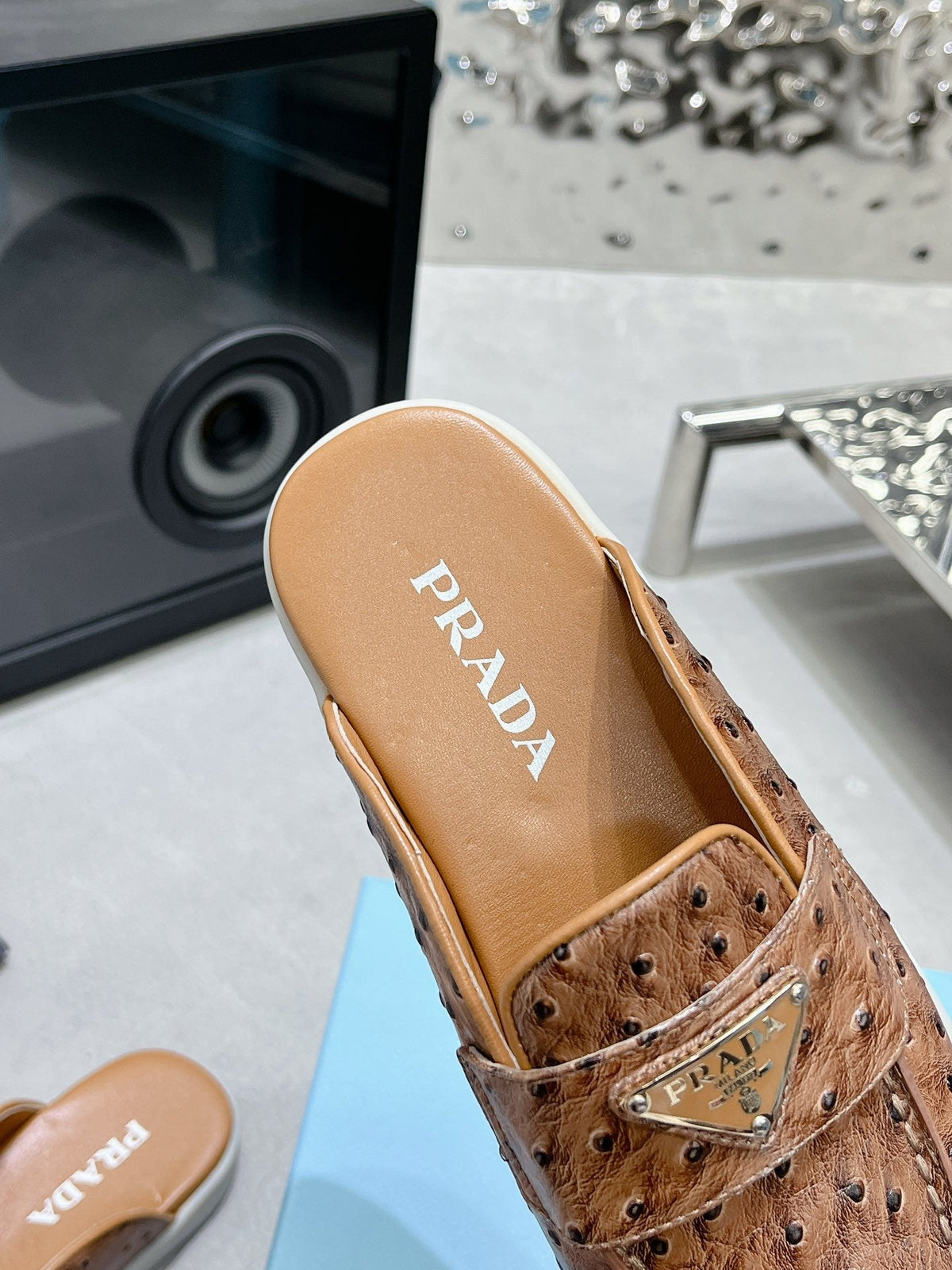 PRADA OSTRICH PATTERN MULES CARAMEL CALFSKIN