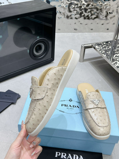 PRADA OSTRICH PATTERN MULES CREAMY WHITE CALFSKIN