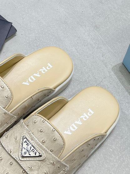 PRADA OSTRICH PATTERN MULES CREAMY WHITE CALFSKIN
