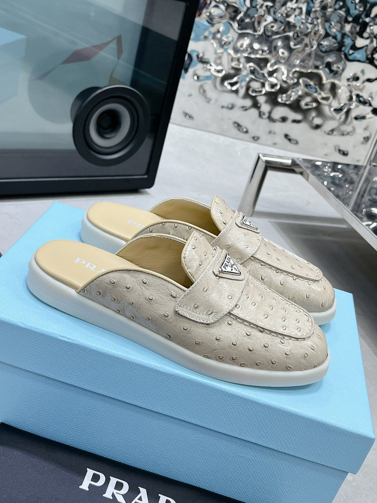 PRADA OSTRICH PATTERN MULES CREAMY WHITE CALFSKIN