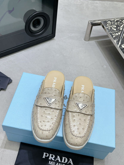PRADA OSTRICH PATTERN MULES CREAMY WHITE CALFSKIN