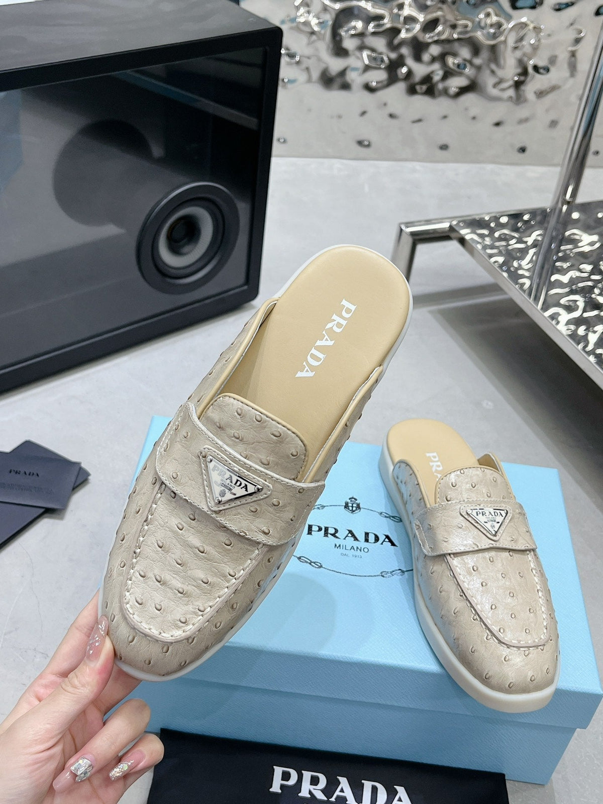 PRADA OSTRICH PATTERN MULES CREAMY WHITE CALFSKIN
