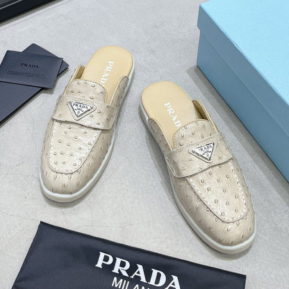 PRADA OSTRICH PATTERN MULES CREAMY WHITE CALFSKIN
