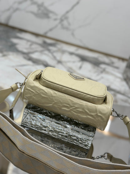 PRADA CAMERA BAG 23 IN CREAM WRINKLED LAMBSKIN