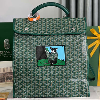 GOYARD SAINT LÉGER BACKPACK 35 IN GREEN GOYARDINE CANVAS AND CALFSKIN WITH CARTOON PATCH