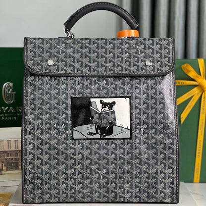 GOYARD SAINT LÉGER BACKPACK 35 IN BLACK GOYARDINE CANVAS AND CALFSKIN WITH CARTOON PATCH