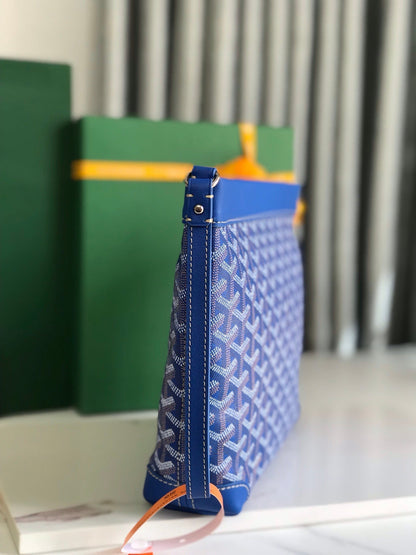 GOYARD CONTI POUCH 24 IN SAPPHIRE BLUE LAMBSKIN AND GOYARDINE CANVAS