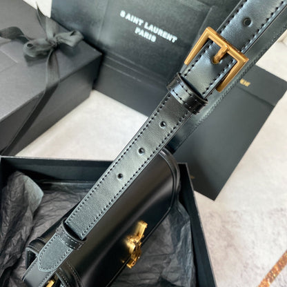 SAINT LAURENT SOLFERINO SMALL SATCHEL 19 IN BLACK MIX WHITE CALFSKIN GOLD LOGO