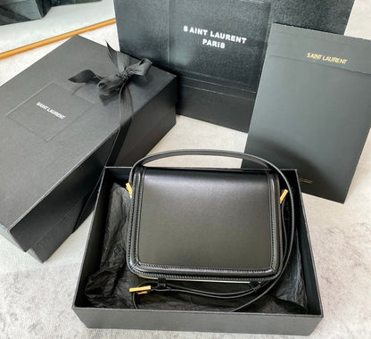 SAINT LAURENT SOLFERINO SMALL SATCHEL 19 IN BLACK MIX WHITE CALFSKIN GOLD LOGO