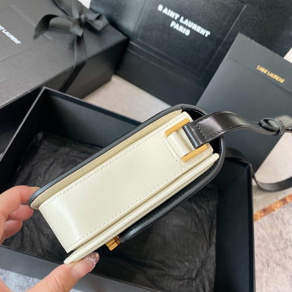 SAINT LAURENT SOLFERINO MEDIUM SATCHEL 23 IN BLACK MIX WHITE CALFSKIN GOLD LOGO