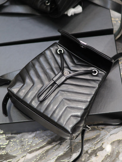 SAINT LAURENT LOU BACKPACK 26 IN BLACK QUILTED CALFSKIN SILVER HARDWARE