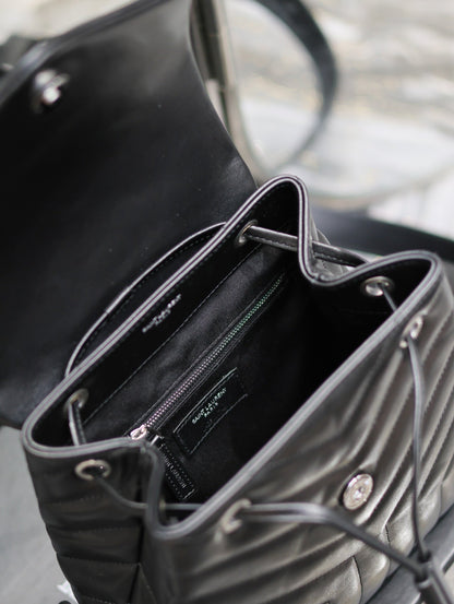 SAINT LAURENT LOU BACKPACK 26 IN BLACK QUILTED CALFSKIN SILVER HARDWARE
