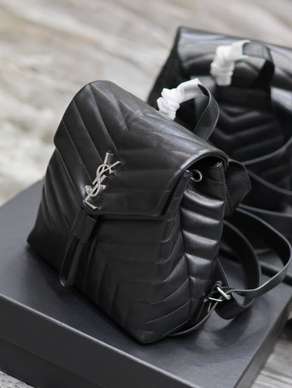 SAINT LAURENT LOU BACKPACK 26 IN BLACK QUILTED CALFSKIN SILVER HARDWARE