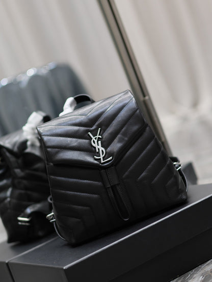 SAINT LAURENT LOU BACKPACK 26 IN BLACK QUILTED CALFSKIN SILVER HARDWARE