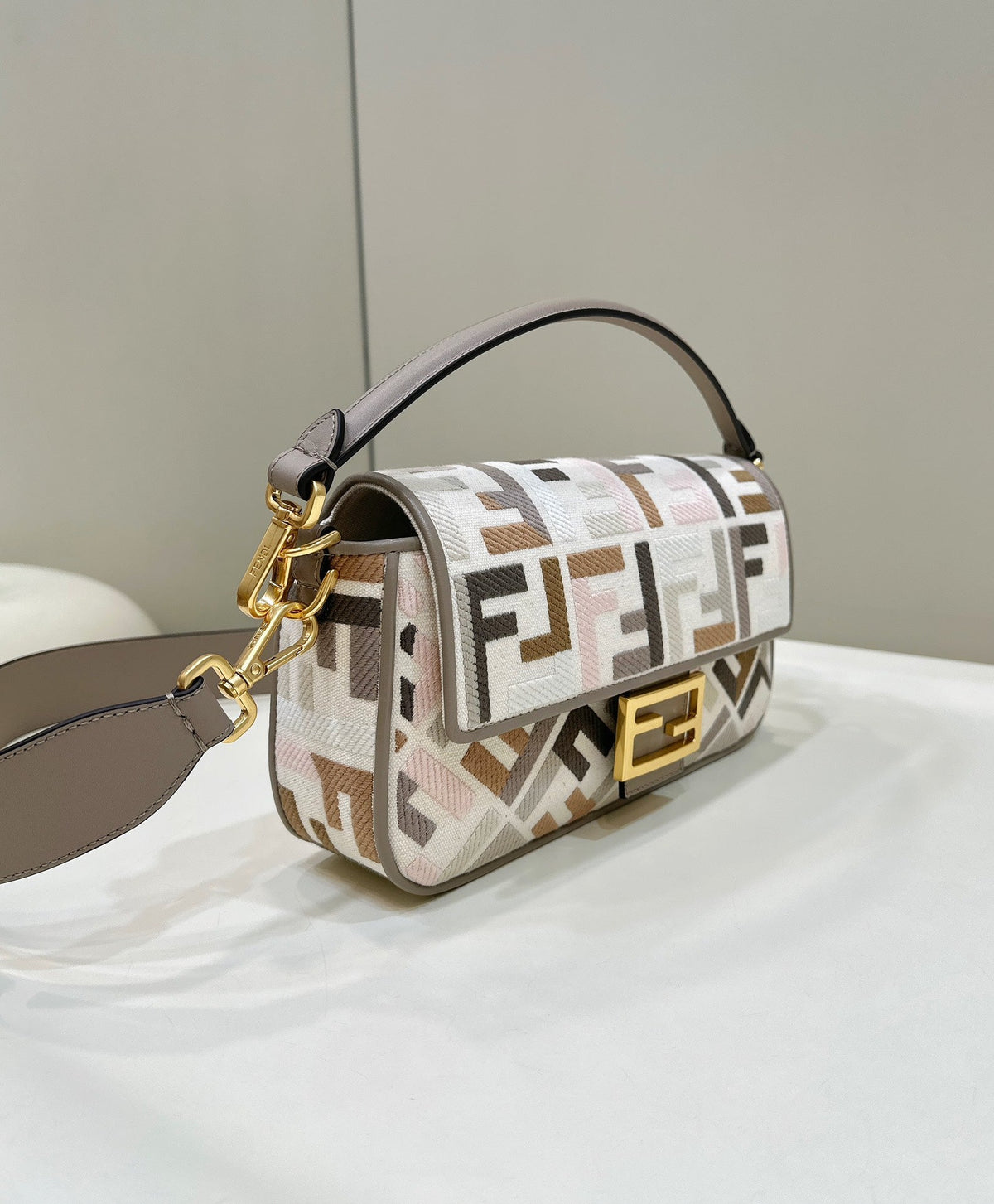 FENDI BAGUETTE CANVAS 27 BAG GREY STRAP WITH MULTICOLOUR EMBROIDERY GOLD HARDWARE