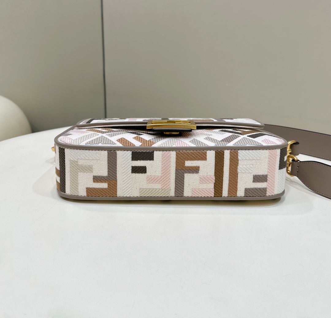 FENDI BAGUETTE CANVAS 27 BAG GREY STRAP WITH MULTICOLOUR EMBROIDERY GOLD HARDWARE