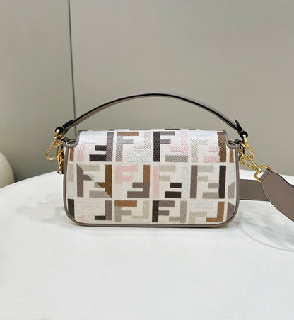 FENDI BAGUETTE CANVAS 27 BAG GREY STRAP WITH MULTICOLOUR EMBROIDERY GOLD HARDWARE
