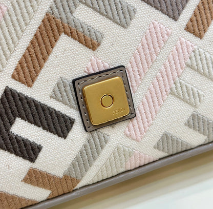 FENDI BAGUETTE CANVAS 27 BAG GREY STRAP WITH MULTICOLOUR EMBROIDERY GOLD HARDWARE
