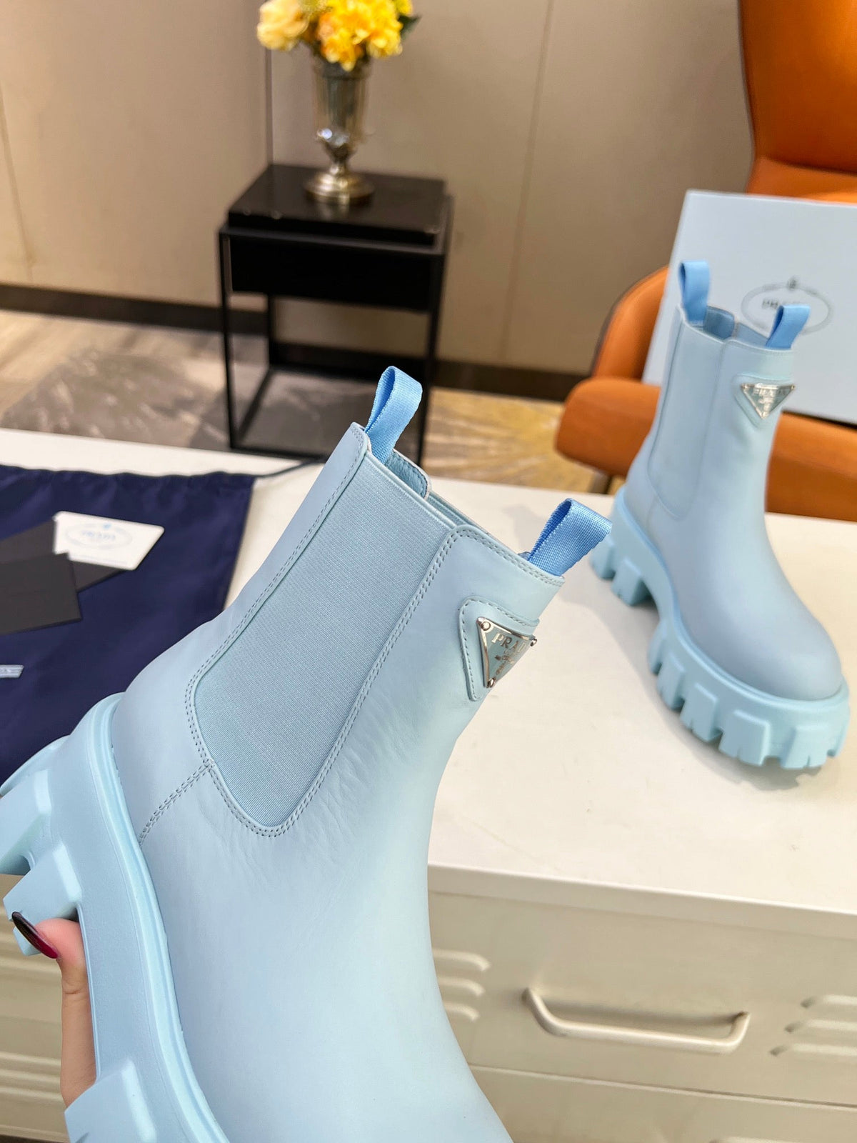 PRADA MONOLITH BRUSHED BOOTIES 55 SKY CALFSKIN