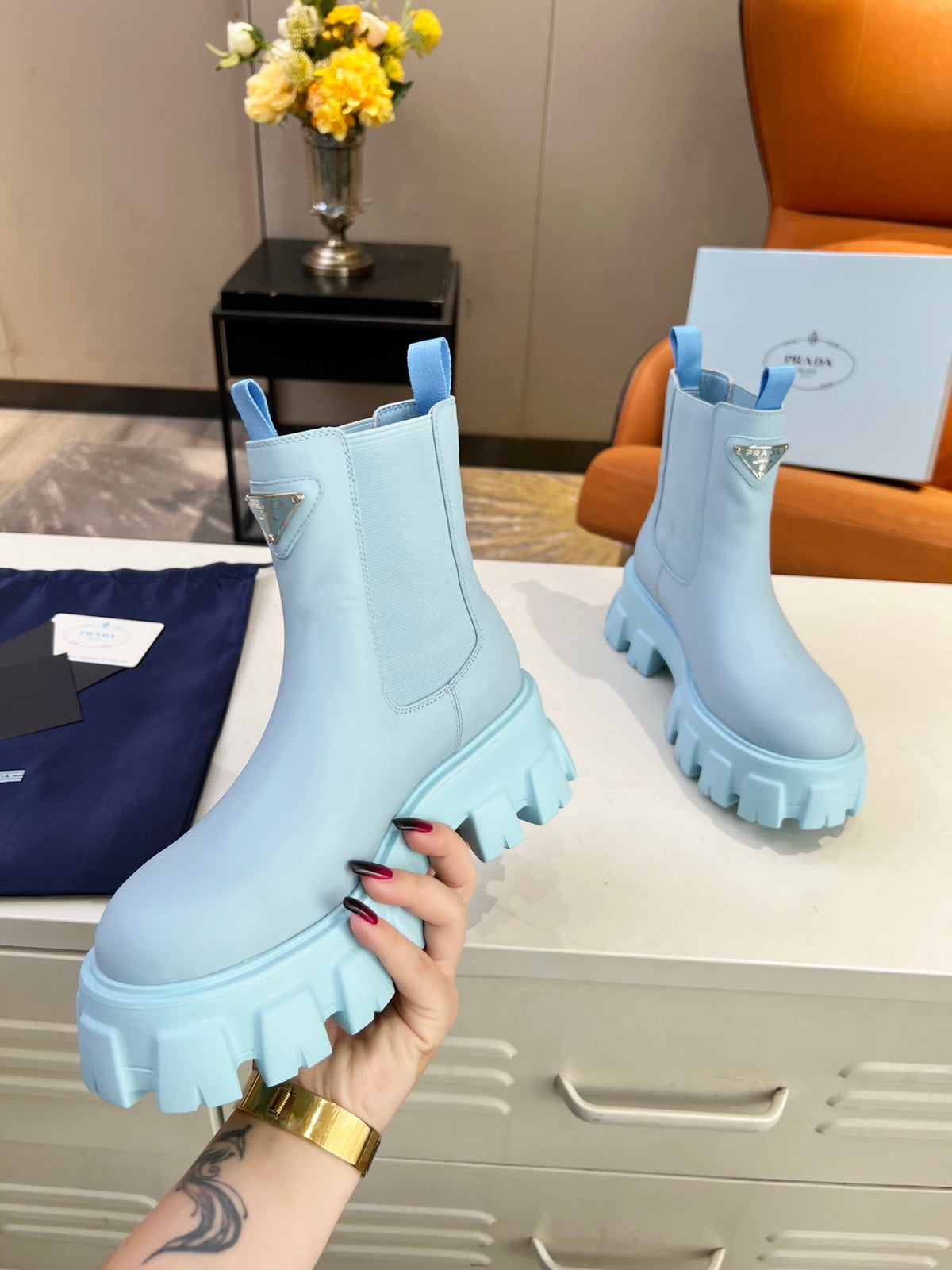 PRADA MONOLITH BRUSHED BOOTIES 55 SKY CALFSKIN