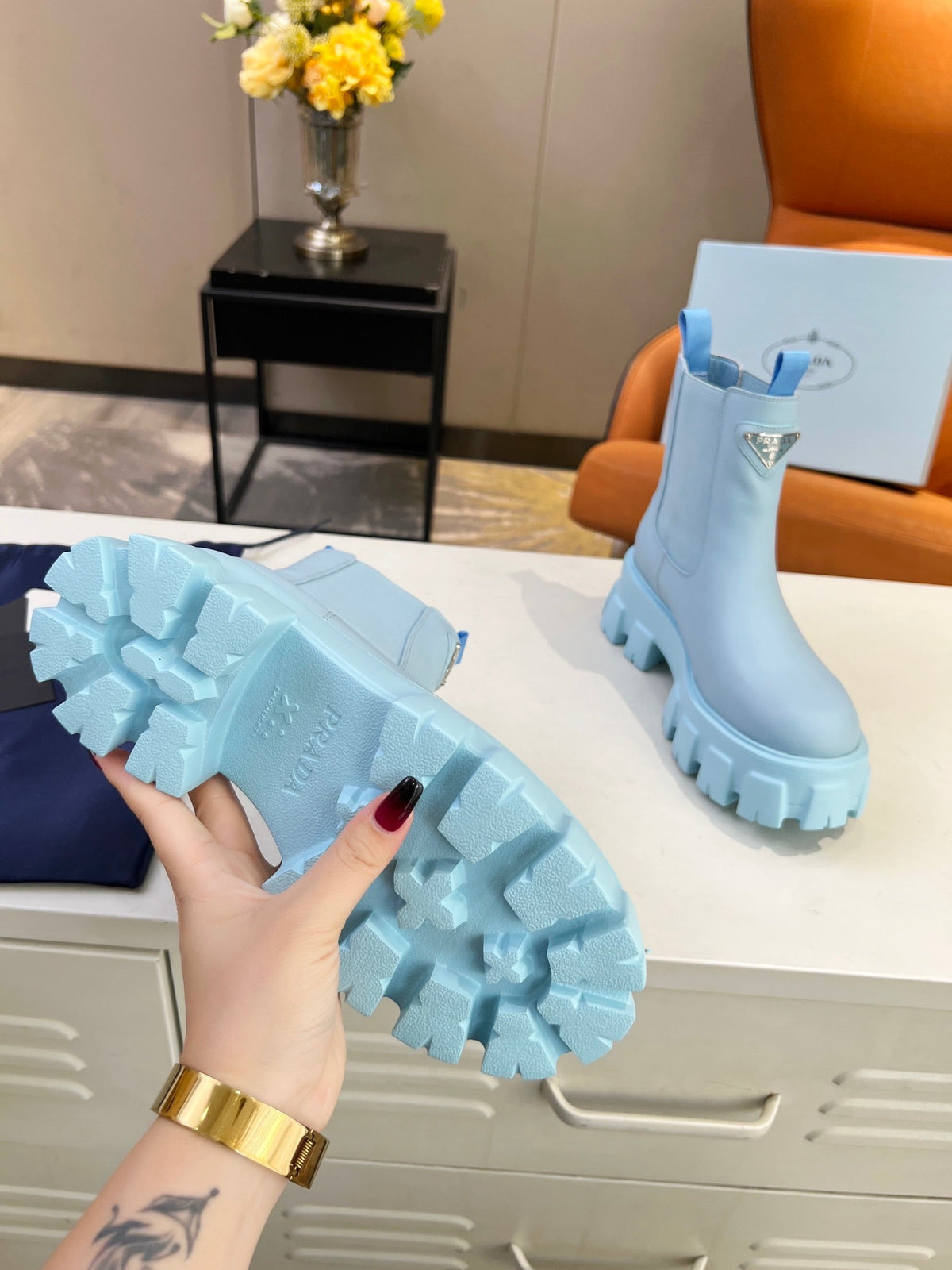 PRADA MONOLITH BRUSHED BOOTIES 55 SKY CALFSKIN