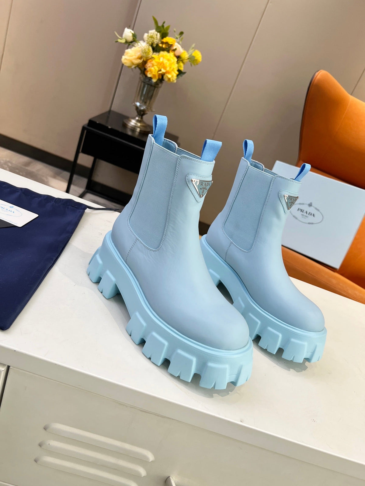 PRADA MONOLITH BRUSHED BOOTIES 55 SKY CALFSKIN