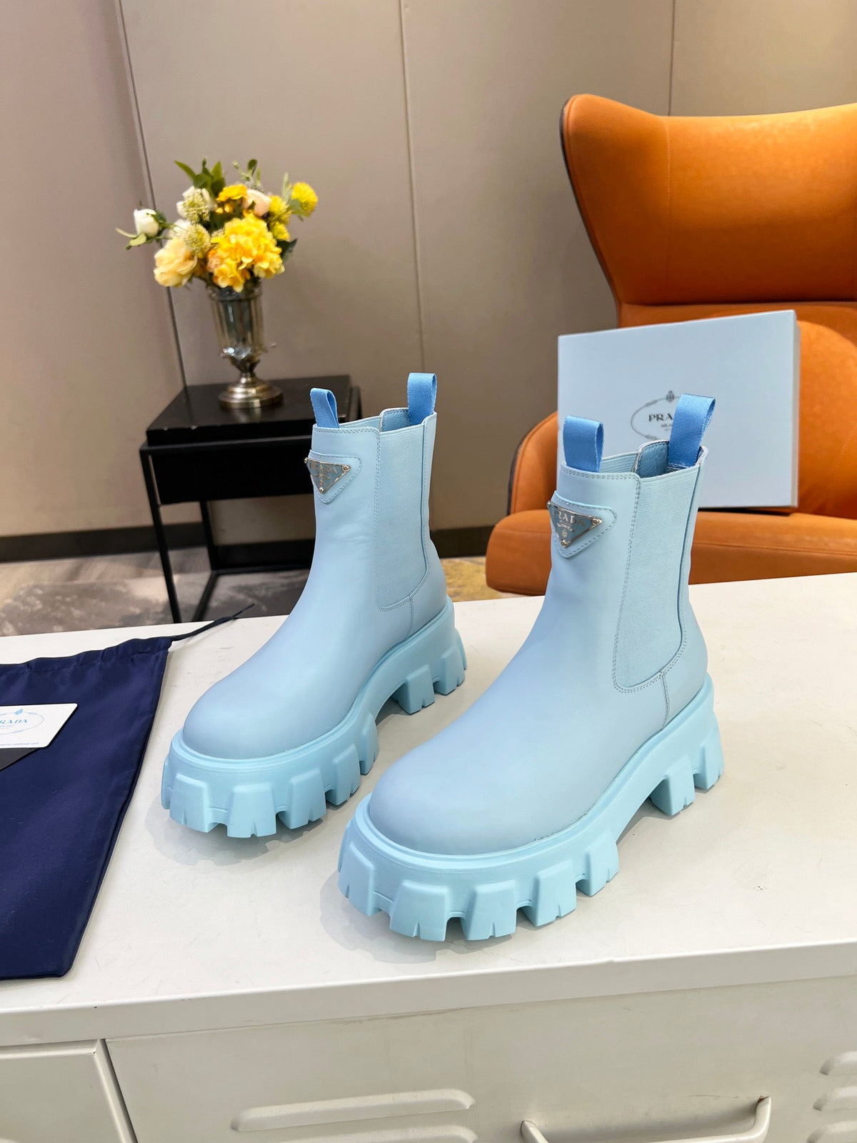 PRADA MONOLITH BRUSHED BOOTIES 55 SKY CALFSKIN