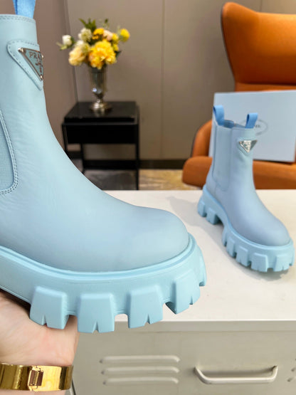 PRADA MONOLITH BRUSHED BOOTIES 55 SKY CALFSKIN