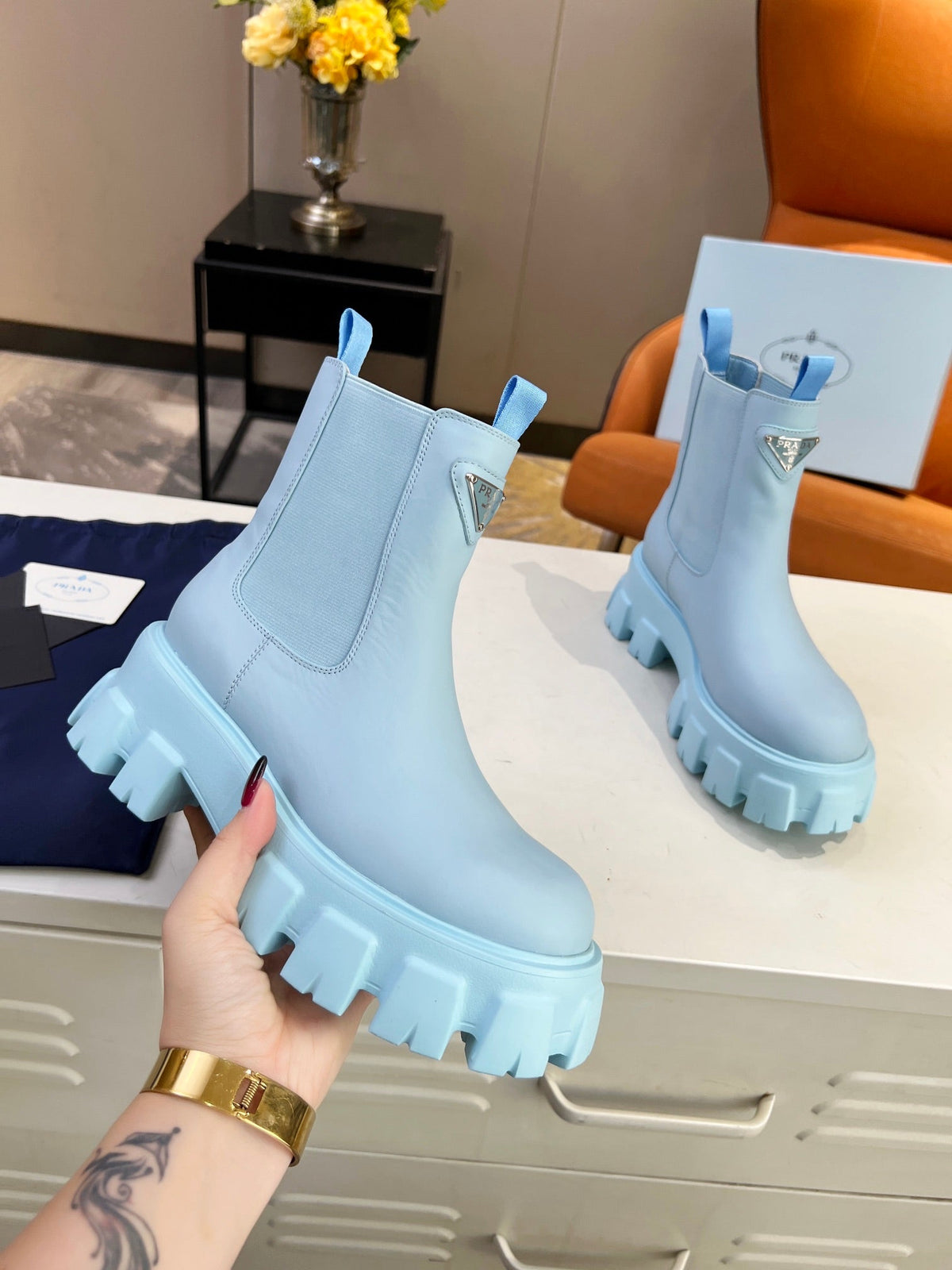PRADA MONOLITH BRUSHED BOOTIES 55 SKY CALFSKIN