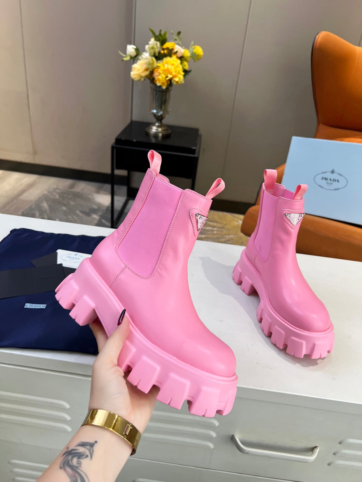 PRADA MONOLITH BRUSHED BOOTIES 55 BRIGHT PINK CALFSKIN